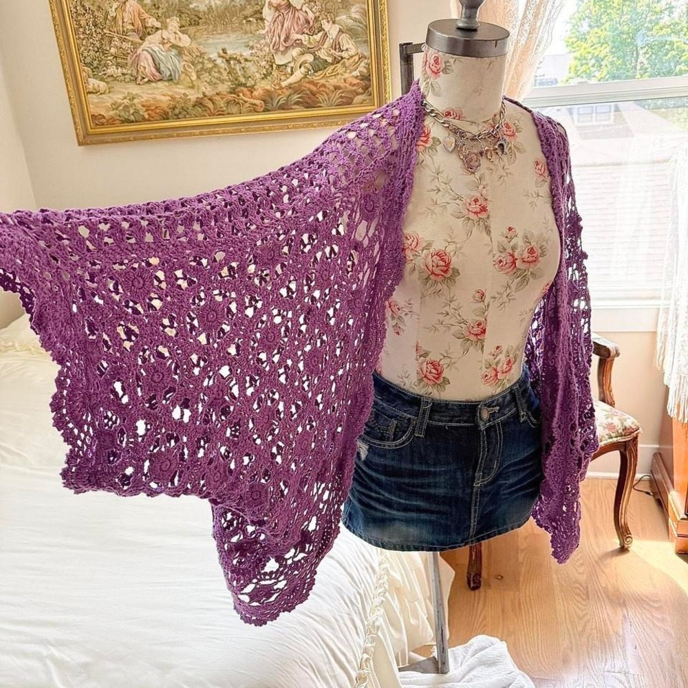 purple crochet cardigan Y2K jessica london size 22 purple crochet cardigan - Picture 2 of 5